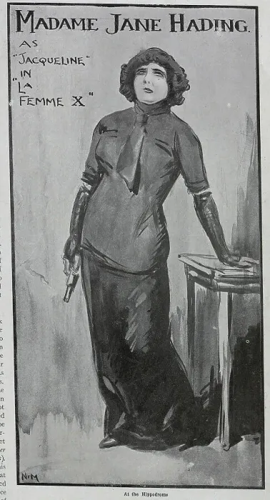 Framed Print : Jane Hading, actress, theatrical illustration in role, in dark clothes with hand gun. Captioned in the illustration, Madame Jane Hading as Jacqueline in Madame X, in a section, The Hippodrome Framed Print : Jane Hading, actress, theatrical illustration in role, in dark clothes with hand gun. Captioned in the illustration, Madame Jane Hading as Jacqueline in Madame X, in a section, The Hippodrome