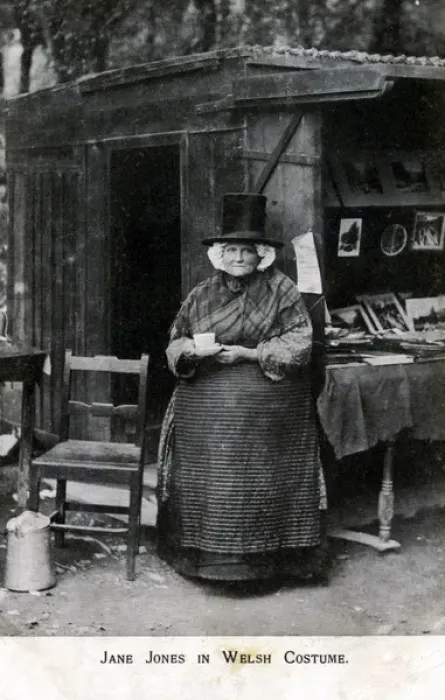 Framed Print : Jane Jones in Welsh Costume at her Bookstall, Betws-y-Coed Framed Print : Jane Jones in Welsh Costume at her Bookstall, Betws-y-Coed