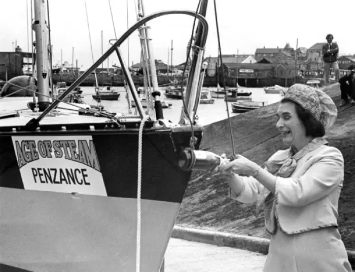 Framed Print : Janet Fookes MP launching yacht, Penzance, Cornwall Framed Print : Janet Fookes MP launching yacht, Penzance, Cornwall