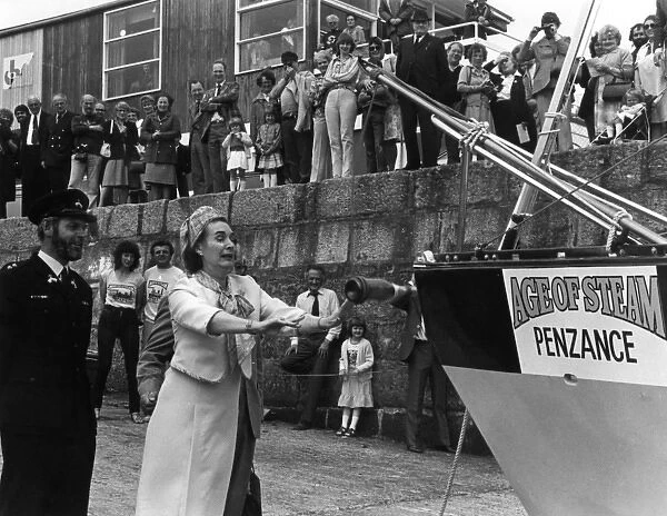 Janet Fookes MP launching yacht, Penzance, Cornwall