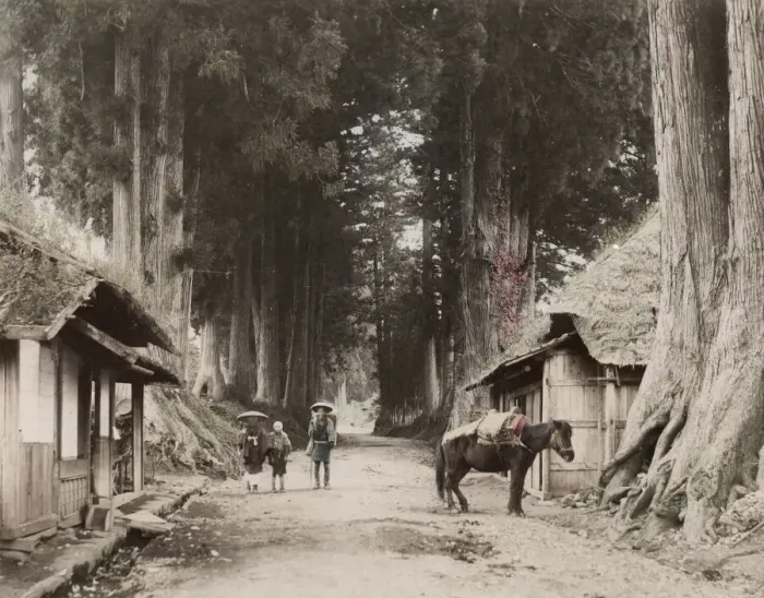 Framed Print : Japan: a country road with travellers and a pack pony