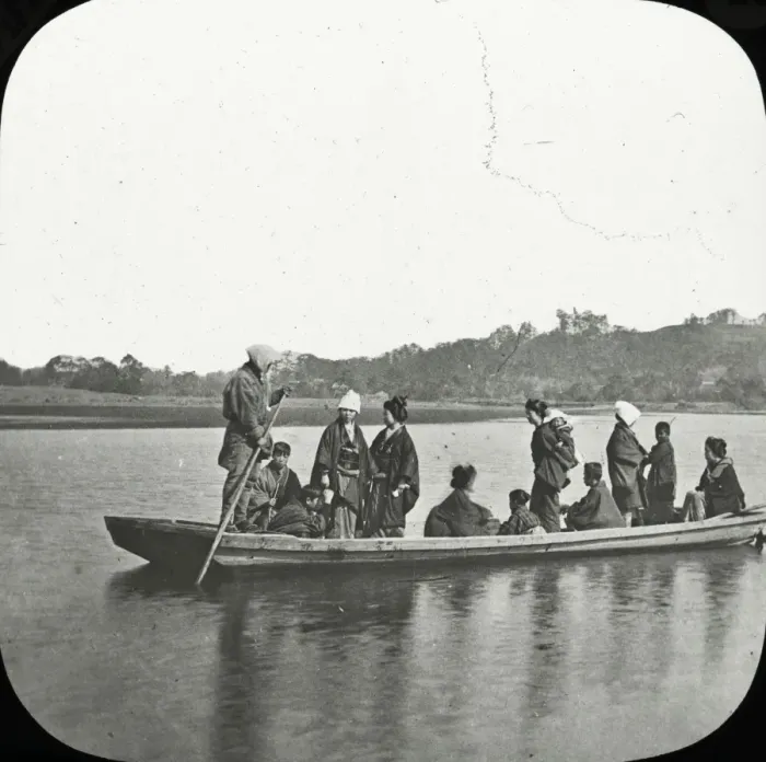 Framed Print : Japan - Crossing a River by pole ferry boat Framed Print : Japan - Crossing a River by pole ferry boat