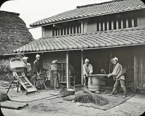 Japan - A Farmhouse : sifting and threshing rice