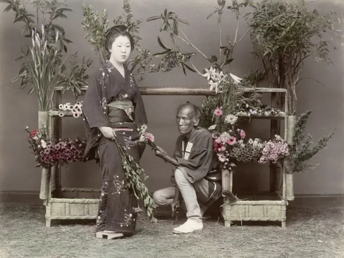 Framed Print : Japan - a flower vendor and customer Framed Print : Japan - a flower vendor and customer
