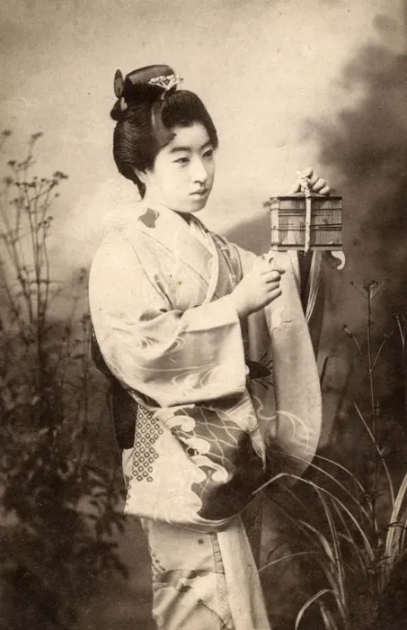 Framed Print : Japan - Geisha with crickets in a small cage Framed Print : Japan - Geisha with crickets in a small cage