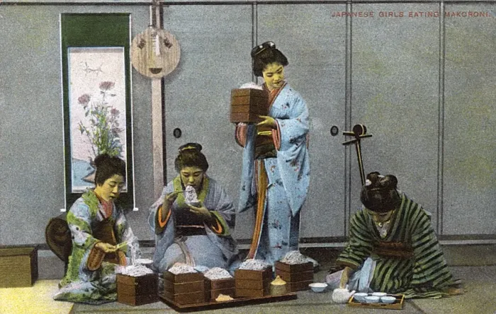 Framed Print : Japan - Geisha Girls eating noodles Framed Print : Japan - Geisha Girls eating noodles