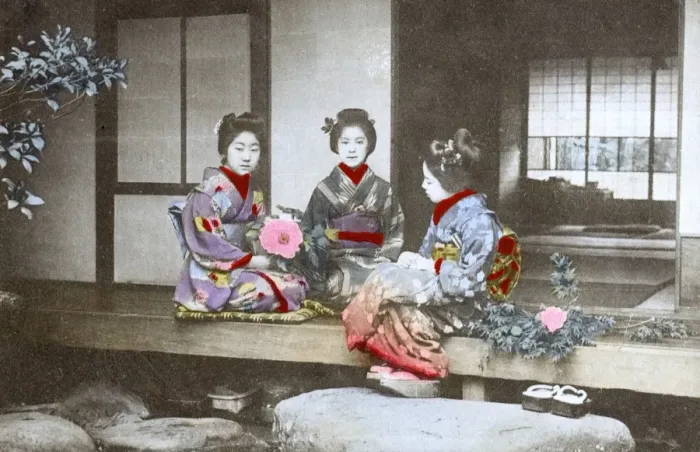 Framed Print : Japan - Three Geisha Girls outside traditional Japanese home Framed Print : Japan - Three Geisha Girls outside traditional Japanese home