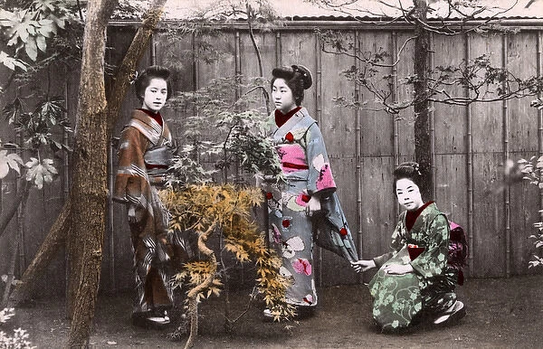Japan - Three Geisha Girls posing in a flowerbed