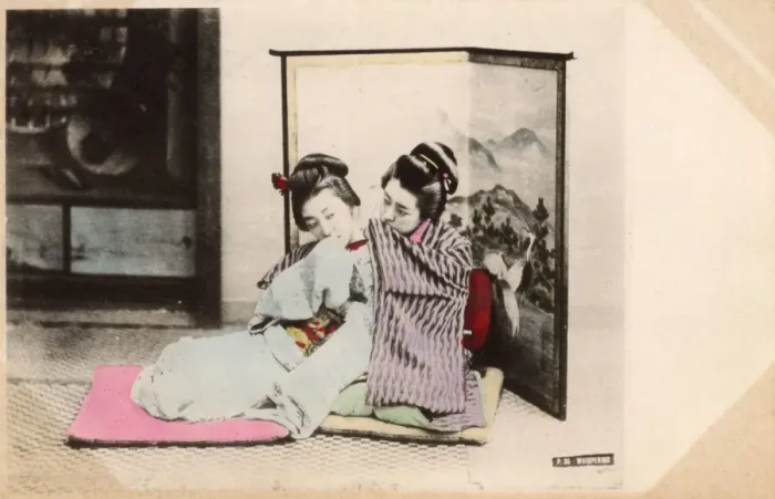 Framed Print : Japan - Two Geisha Girls whispering to each other Framed Print : Japan - Two Geisha Girls whispering to each other
