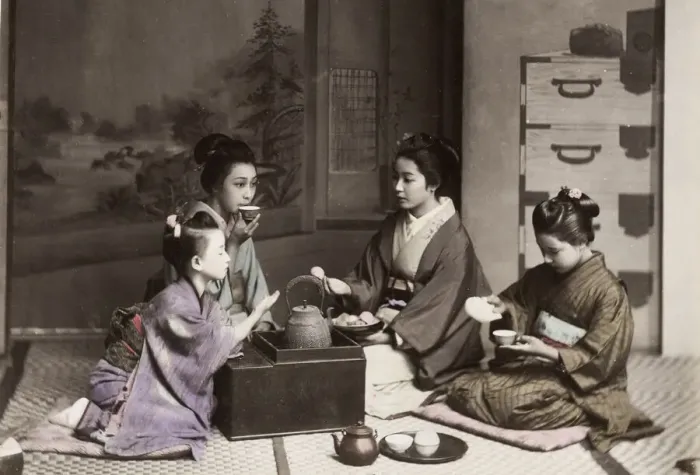 Framed Print : Japan: girls drinking tea with a kettle and stove Framed Print : Japan: girls drinking tea with a kettle and stove