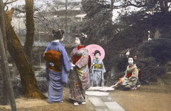 Framed Print : Japan - A group of friendly Geisha Girls Framed Print : Japan - A group of friendly Geisha Girls