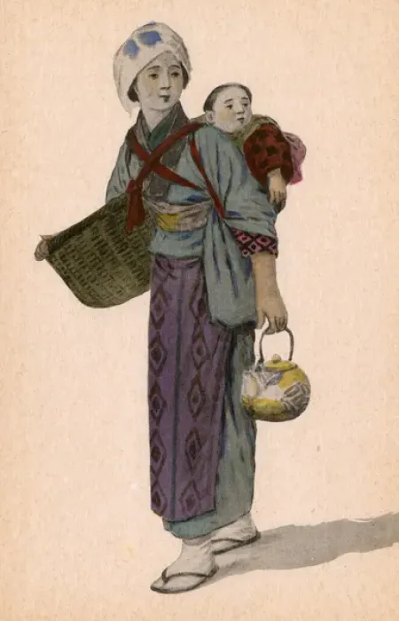 Framed Print : Japan - Japanese woman with basket, teapot and Baby Framed Print : Japan - Japanese woman with basket, teapot and Baby