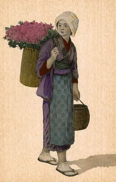 Japan - Japanese woman with baskets in hand and on her back
