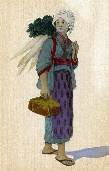 Japan - Japanese woman carrying bunch of daikon and package