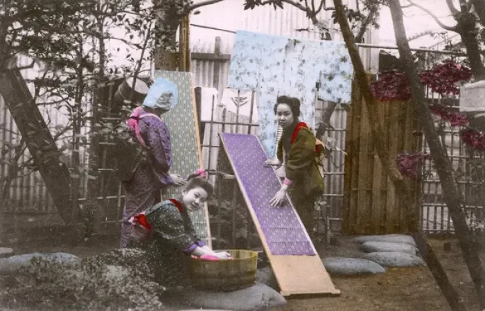 Framed Print : Japan - Three Japanese women washing patterned fabric strips Framed Print : Japan - Three Japanese women washing patterned fabric strips