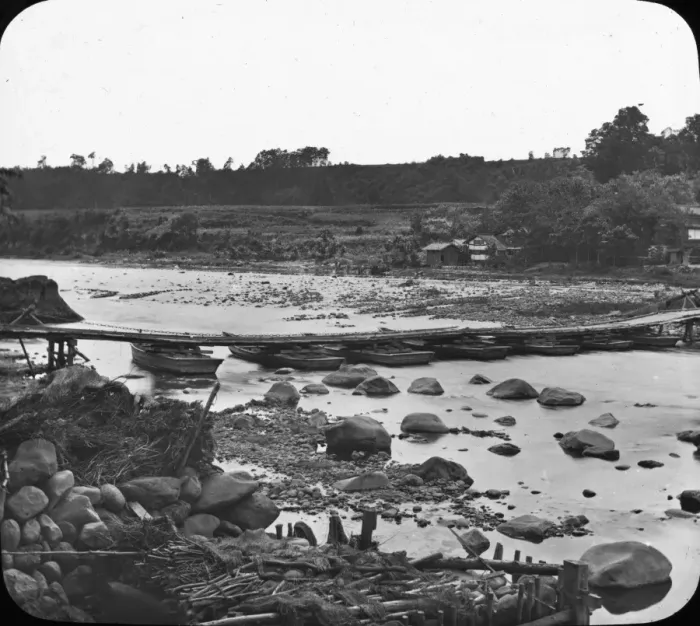 Framed Print : Japan - Pontoon Bridge across a River Framed Print : Japan - Pontoon Bridge across a River