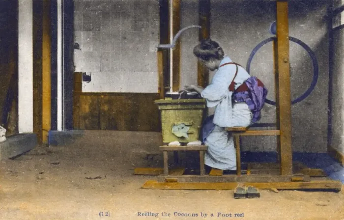 Framed Print : Japan - Silk Industry - Reeling the cocoons by foot reel Framed Print : Japan - Silk Industry - Reeling the cocoons by foot reel