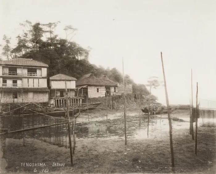 Framed Print : Japan - view of houses on the waterfront at Enoshima Framed Print : Japan - view of houses on the waterfront at Enoshima