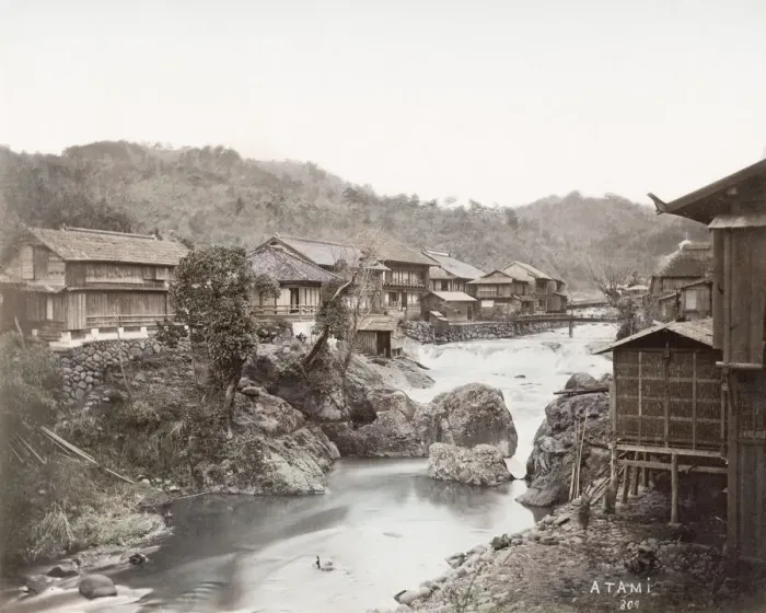 Framed Print : Japan - village of Atami, with river and weir Framed Print : Japan - village of Atami, with river and weir