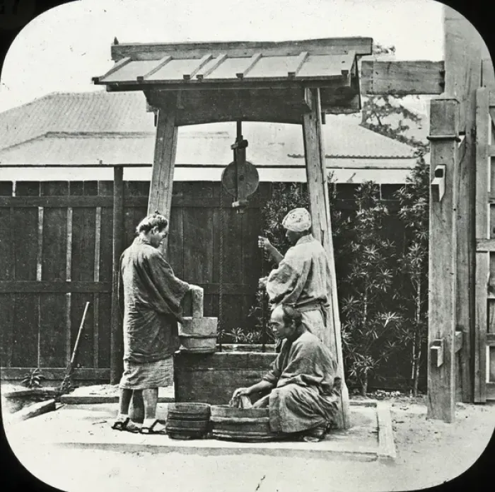 Framed Print : Japan - A Well and Washing boys Framed Print : Japan - A Well and Washing boys