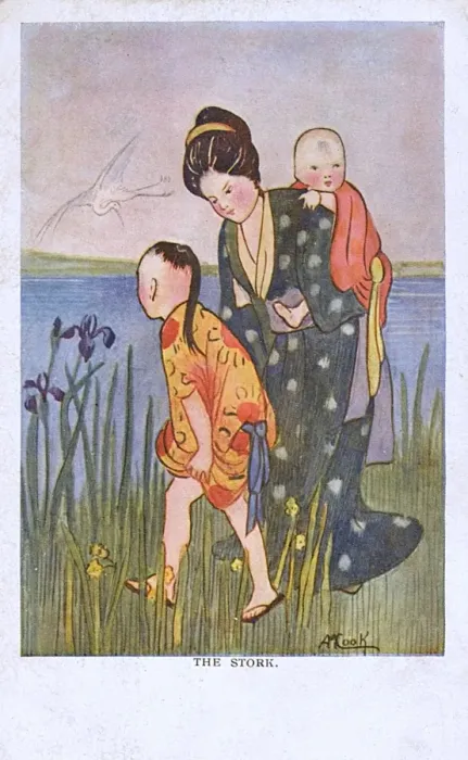 Framed Print : Japan - Woman her two children disturb a stork Framed Print : Japan - Woman her two children disturb a stork