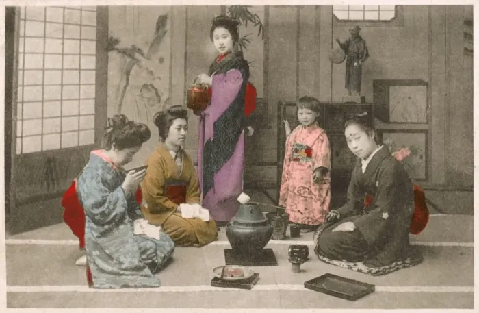 Framed Print : Japan - Women (and a child) share tea and food Framed Print : Japan - Women (and a child) share tea and food