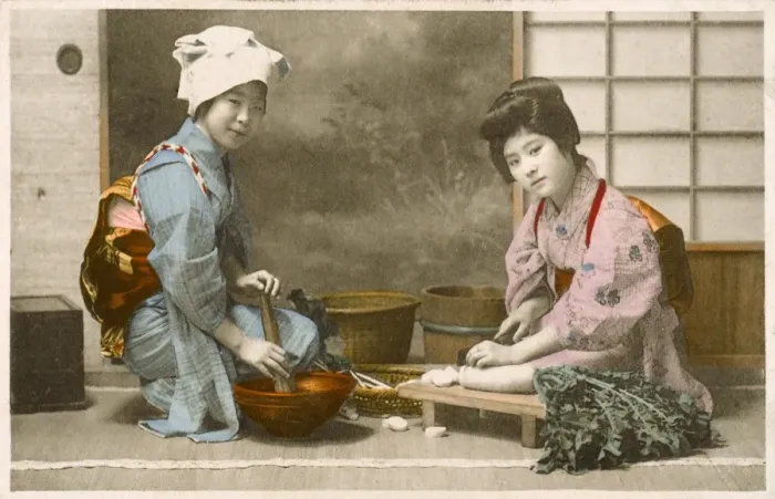 Framed Print : Japan - Women preparing food including chopping a daikon Framed Print : Japan - Women preparing food including chopping a daikon