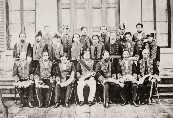 Framed Print : Japanese army officers and officials, Japan c. 1880 s Framed Print : Japanese army officers and officials, Japan c. 1880 s