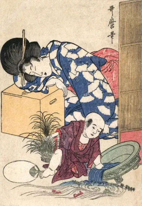 Framed Print : Japanese Art - Toddler causes havoc whilst his mother sleeps Framed Print : Japanese Art - Toddler causes havoc whilst his mother sleeps