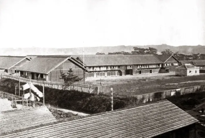 Framed Print : Japanese Barracks at Noge, Japan, 1870s Framed Print : Japanese Barracks at Noge, Japan, 1870s
