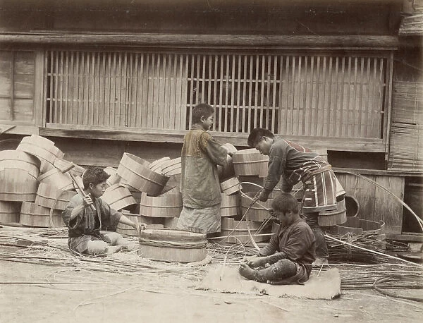 Japanese barrel makers, coopers at work, Japan