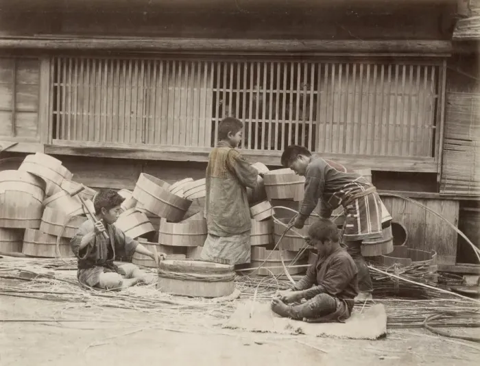 Framed Print : Japanese barrel makers, coopers at work, Japan Framed Print : Japanese barrel makers, coopers at work, Japan