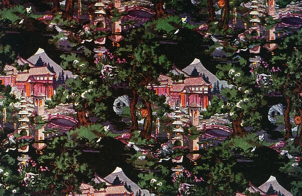 Japanese buildings surrounded by mountains and trees