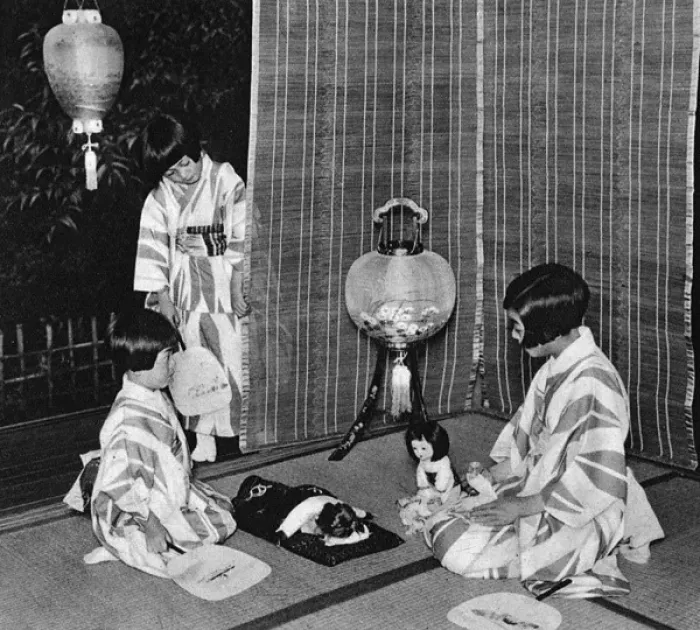 Framed Print : Japanese children putting their dolls to bed on a hot night Framed Print : Japanese children putting their dolls to bed on a hot night