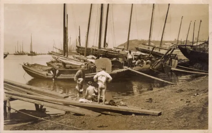 Framed Print : Japanese dockside scene - with young bathers Framed Print : Japanese dockside scene - with young bathers