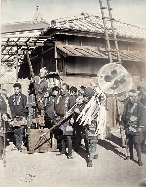 Japanese firemen with their banner, Japan