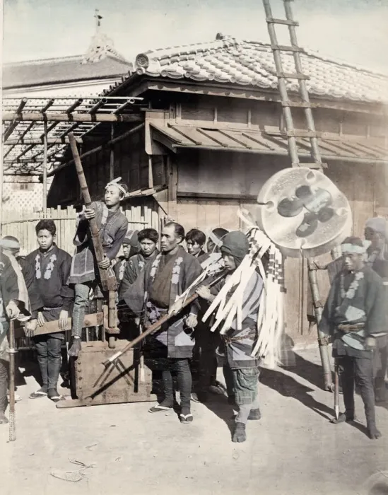 Framed Print : Japanese firemen with their banner, Japan Framed Print : Japanese firemen with their banner, Japan