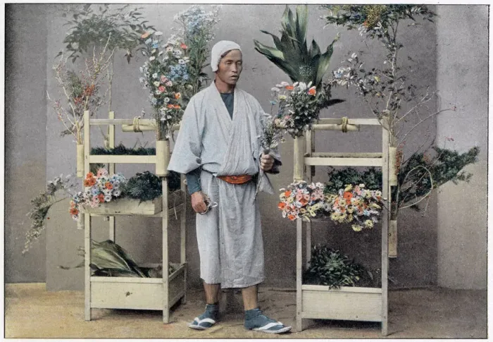Framed Print : A Japanese flower seller stands by a portable stall made of bamboo with integral holders Framed Print : A Japanese flower seller stands by a portable stall made of bamboo with integral holders