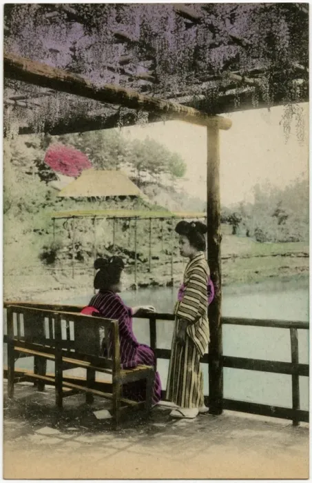 Framed Print : Two Japanese Geisha girls beneath the Wisteria - Japan Framed Print : Two Japanese Geisha girls beneath the Wisteria - Japan