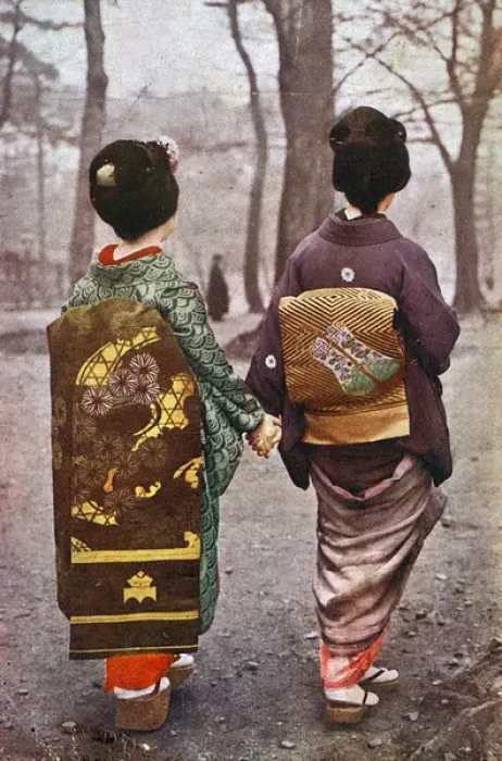 Framed Print : Two Japanese Geisha Girls walk hand in hand in the park Framed Print : Two Japanese Geisha Girls walk hand in hand in the park