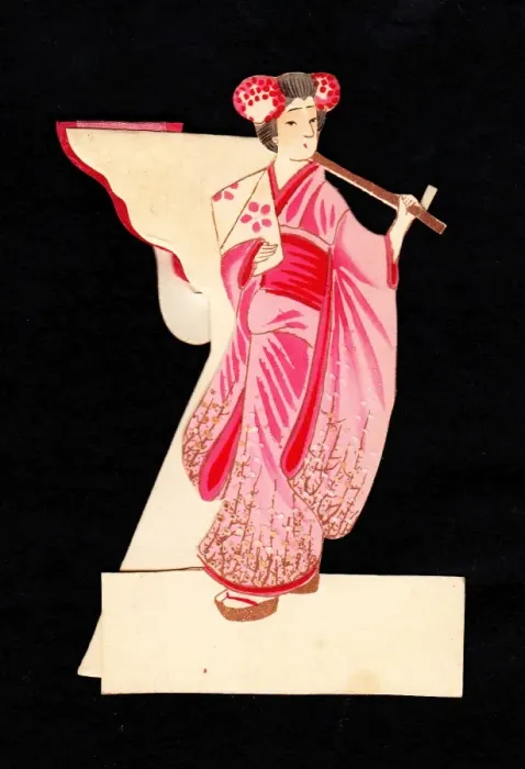 Framed Print : Japanese geisha in a pink kimono on a greetings card Framed Print : Japanese geisha in a pink kimono on a greetings card