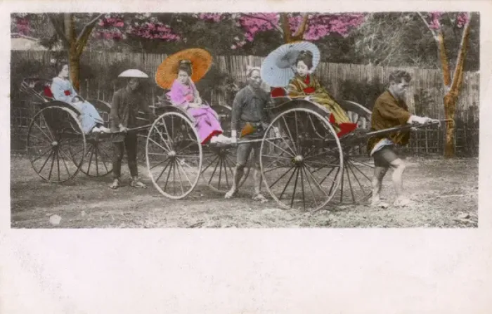 Framed Print : Three Japanese Geisha in Rickshaws Framed Print : Three Japanese Geisha in Rickshaws