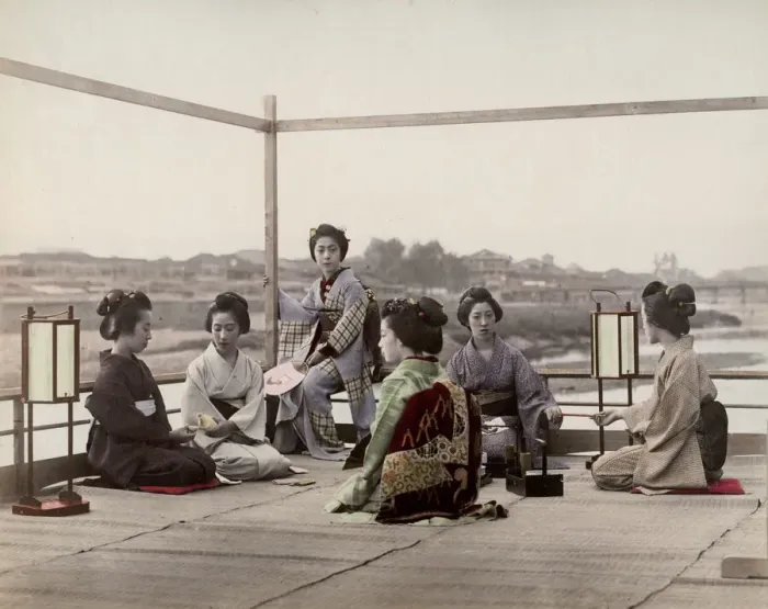 Framed Print : Japanese geishas on a tea house balcony, Kyoto Framed Print : Japanese geishas on a tea house balcony, Kyoto