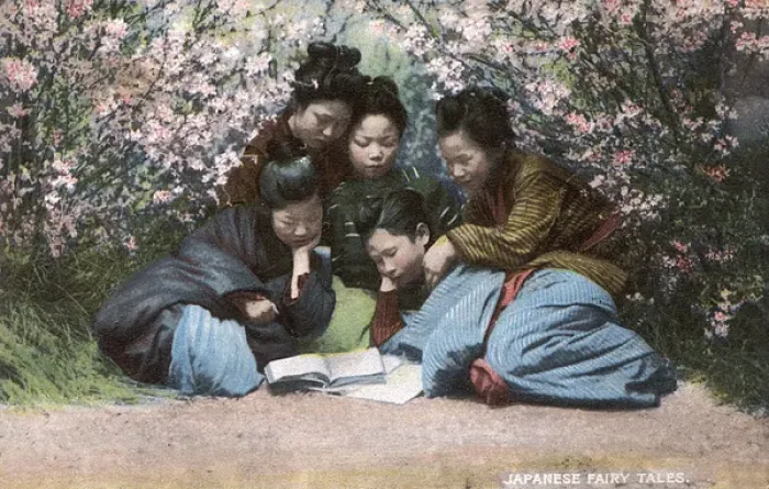 Framed Print : Five Japanese girls reading a Fairy Tale amid the blossom Framed Print : Five Japanese girls reading a Fairy Tale amid the blossom