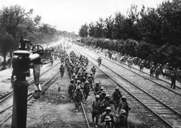 Framed Print : Japanese Infantry on Lunghai Railway track Framed Print : Japanese Infantry on Lunghai Railway track