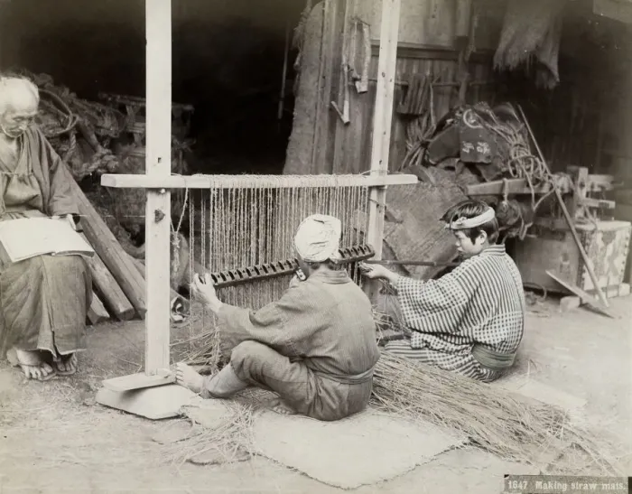 Framed Print : Japanese men weaving straw mats, Japan Framed Print : Japanese men weaving straw mats, Japan
