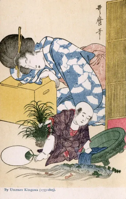 Framed Print : Japanese Mother sleeps as baby causes havoc