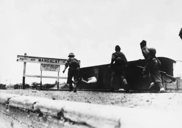 Framed Print : A Japanese patrol in a Mandalay Railway Yard Framed Print : A Japanese patrol in a Mandalay Railway Yard