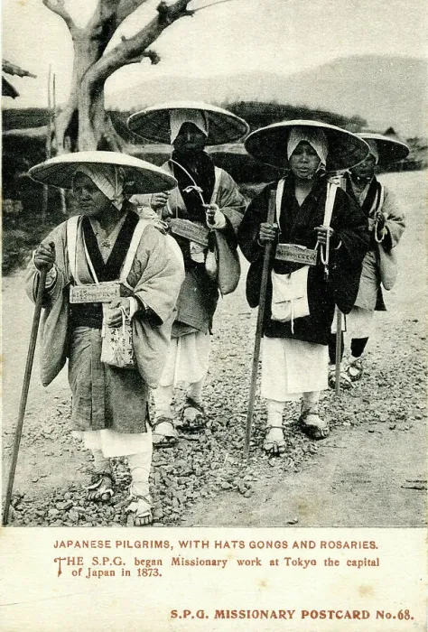Framed Print : Japanese pilgrims with hats, gongs and rosaries Framed Print : Japanese pilgrims with hats, gongs and rosaries