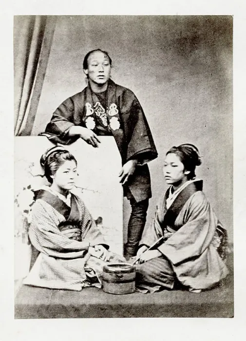 Framed Print : Japanese portrait - two seated women and a man Framed Print : Japanese portrait - two seated women and a man